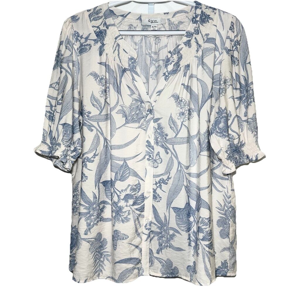 C By One Blue Ivory Toile Style Botanical Butterfly Top XL Peasant Boho Coastal